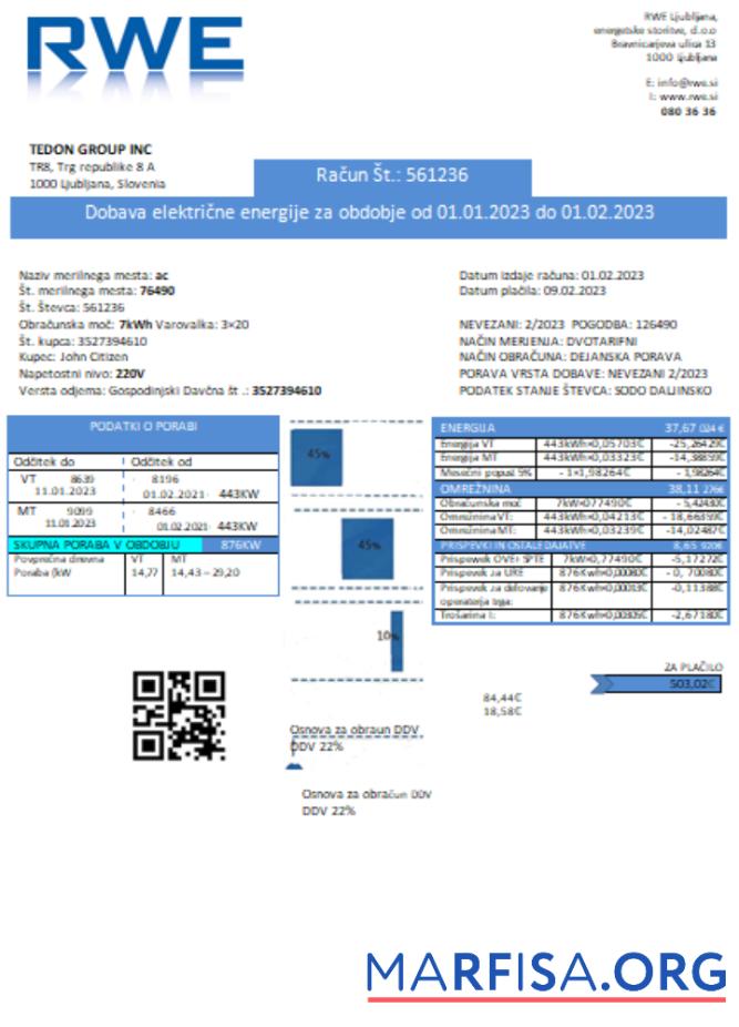 Blank RWE electricity proof of address utility business bill, SCR template